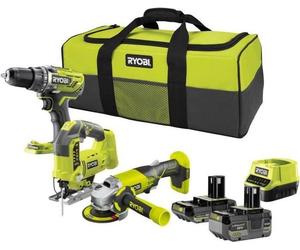 Kit d'outils sans fil RYOBI, Perceuse-visseuse R18DD3, Meuleuse 115 mm, Scie sauteuse, 2 Batteries 4 Ah & 2 Ah, Chargeur, Sac
