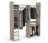 Kit Dressing Extensible D’Angle Ouvert & Modulable 3 Tiroirs 3 Barres De Penderie - Coloris Chêne & Blanc - 199,7 x 43,9 x 218,3 cm