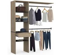 IDMarket - Kit dressing MELINE 160 x 40 x 180 cm hêtre avec étagères noires + tiroir + double penderie