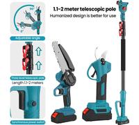 Kit élagueur - Tronçonneuse électrique 15 cm - Sécateur + scie + longue perche télescopique - Pour batterie 18 V - Rouge