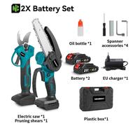 Kit électrique comprenant un sécateur et une mini-scie - Sécateur de 30 mm + mini-scie à chaîne de 15 cm - Moteur sans balais, rechargeable, 1500 W, 2 batteries, prise UE