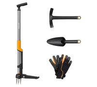 Kit ergonomique Fiskars pour la plantation et l'entretien du jardin, comprenant 4 outils, dont un désherbeur