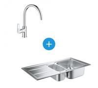 Kit Evier cuisine K400 à encastrer 965x500mm Acier inoxydable + Mitigeur Bauloop Col de cygne, Chrome (31567SD0-SET1)