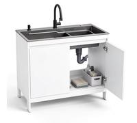 Kit Évier et Meuble de Cuisine avec Robinet | Évier Simple Bac Inox 304 avec Meuble Rangement Grand Volume et Kit de Vidage Complet(White (With Legs),68cm/26.8in)