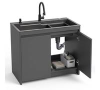 Kit Évier et Meuble de Cuisine avec Robinet | Évier Simple Bac Inox 304 avec Meuble Rangement Grand Volume et Kit de Vidage Complet(Gray (Floor Base),68cm/26.8in)