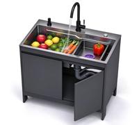 Kit Évier et Meuble de Cuisine avec Robinet | Évier Simple Bac Inox 304 avec Meuble Rangement Grand Volume et Kit de Vidage Complet(Gray (With Legs),68cm/26.8in)