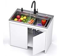Kit Évier et Meuble de Cuisine avec Robinet | Évier Simple Bac Inox 304 avec Meuble Rangement Grand Volume et Kit de Vidage Complet(White (Floor Base),68cm/26.8in)
