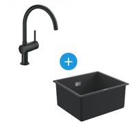 Kit Evier Quartz Noir Granite K700 417 x 366mm + Mitigeur Minta Noir col de cygne pivotant à 360° (31653AP0-SET6)