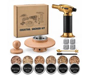 Kit fumoir pour whisky - Brûleur - 4 pierres de granit - Bois de hêtre - Fumoir en bois de hêtre pour whisky et cocktails - 6 types de copeaux