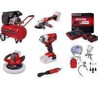 Kit garage et atelier Einhell – Visseuse - meuleuse - polisseuse - compresseur + accessoires et batteries