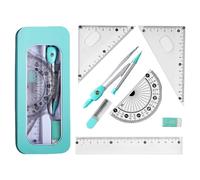 Kit Géométrie 7 En 1 - Règle 15 cm + Équerre Scolaire 60°/10 cm + Équerre Scolaire 45°/10 cm + Rapporteur 180° + Boussole, Gomme, Mine De Stylo - Set De Traçage Rigide Transparent