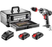 Kit GRAPHITE Energy+ en coffret aluminium : 2x18V/2.0Ah perceuse/visseuse, 10 mm, poignée amovible + 10