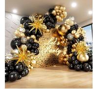 Kit Guirlande De Ballons Noirs Et Dorés - 132 Pièces - Avec Ballons En Aluminium Starburst - Confettis - Pour Anniversaire,