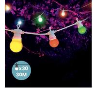 SKYLANTERN Guirlande Guinguette 30M Cable Blanc - Guirlande Lumineuse Exterieure 30 Bulbes Bleu Rouge Jaune Vert - Guirlande Guinguette Exterieur de 30M + 3M de Cable