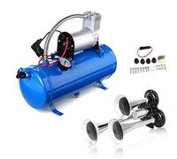 Kit Klaxon à Air Triple Trompe en Métal Chromé 130dB + Compresseur d'Air 12V 150psi / 10Bar avec Reservoir 6L Pour Camion Bateau Voiture SUV
