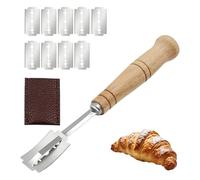 Kit Lame à Grigner Pain 10 Lames en Acier Inoxydable 6CR13, Grignette Boulanger avec Manche Bois Ergonomique, Étui de Rangement Simili Cuir, Accessoire pour Baguette, Découpe Précise et Créative
