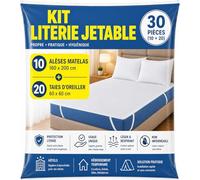 Kit Literie Jetable - 10 Alèses Jetables Matelas 160x200 cm et 20 Taies Oreiller 60x60 cm - Lit 2 Places - Non Imperméable - Housse - Protection Literie à Usage Unique