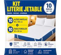 Kit Literie Jetable - 10 Alèses Jetables Matelas 90x190 cm et 10 Taies Oreiller 60x60 cm - Lit 1 Place - Non Imperméable - Housse - Protection Literie à Usage Unique