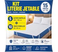 Kit Literie Jetable | 5 Alèses Matelas 140x190 cm + 10 Taies d’Oreiller 60x60 | Protection Literie Usage Unique | Non Imperméable | Hôtels, Hébergement Temporaire