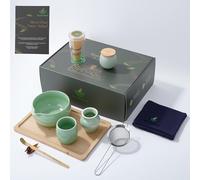 Kit Matcha 10 Pièces - Coffret Vert Premium, Bol Bec verseur, Fouet Bambou | Set Matcha vert, Kit de Matcha débutant, Chawan 510 ml, Chasen bambou, plateau et tasse incl., idée cadeau