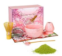 Kit Matcha 7 Pièces Complet Rose, Bol à Matcha 500ml avec Bec Verseur, Fouet en Bambou, Support, Tamis, Cérémonie du Thé Japonais, Cadeau, Lavable Lave-Vaisselle