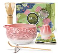 Kit Matcha 7 pièces, Fouet à Matcha en Bambou avec Support, Bol à Matcha Céramique avec Buse, Tamis, Cuillère (Chashaku) et son Support - Pour Latte, Cérémonie du Thé Japonaise - Dégradé de Rose