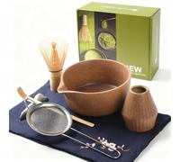 Kit Matcha 7 Pièces Premium : Bol Céramique, Chasen Bambou, Chashaku, Support, Tamis Acier, Chiffon Lin, Boîte Cadeau Élégante (Set Cérémonie Thé Vert Matcha) (Marron)