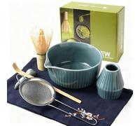 Kit Matcha 7 Pièces Premium : Bol Céramique, Chasen Bambou, Chashaku, Support, Tamis Acier, Chiffon Lin, Boîte Cadeau Élégante (Set Cérémonie Thé Vert Matcha) (bleu)