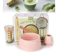 Kit Matcha - Ensemble pour la cérémonie du thé matcha - Contient : fouet matcha, cuillère, bol en céramique, support et tamis - Couleur : rose - Pour 1 personne