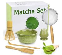 Kit Matcha Vert 6 Pièces - avec Bol Céramique, Fouet Bambou, Tamis Inox | Support, 2 Cuillères, Lave-vaisselle, Texture Onctueuse, Set Matcha pour Débutants, Connaisseurs, Cadeau Noël, Anniversaire