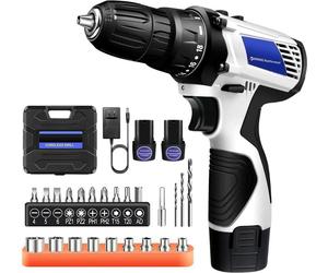 Kit perceuse-visseuse à percussion sans fil - Perceuse-visseuse 12 V - 45 Nm - 2 vitesses jusqu'à 1 400 tr/min - Avec 2 batteries - Moteur à balais - Prise UE - Jaune