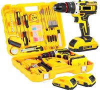 Kit perceuse-visseuse - Perceuse sans fil 21V - Kit d'accessoires de 120 pièces - 2 batteries - Couple de 45 Nm - 2 vitesses - Fonction perçage à percussion - Jaune