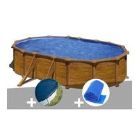Kit piscine acier aspect bois Gré Mauritius ovale 6,34 x 3,99 x 1,32 m + Bâche hiver + Bâche à bulles