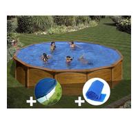 Kit piscine acier aspect bois Gré Mauritius ronde 5,70 x 1,32 m + Bâche hiver + Bâche à bulles