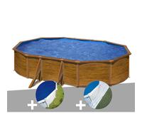 Kit piscine acier aspect bois Gré Pacific ovale 6,34 x 3,99 x 1,22 m + Bâche à bulles + Tapis de sol