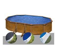 Kit piscine acier aspect bois Gré Pacific ovale 6,34 x 3,99 x 1,22 m + Bâche d'hivernage + Bâche à bulles + Tapis de sol