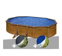 Kit piscine acier aspect bois Gré Pacific ovale 6,34 x 3,99 x 1,22 m + Bâche d'hivernage + Bâche à bulles