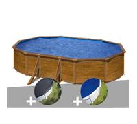 Gre Kit piscine acier aspect bois Pacific ovale 6,34x3,99x1,22 m + bâches hivernage et bulles
