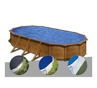Kit piscine acier aspect bois Gré Pacific ovale 7,44 x 3,99 x 1,22 m + Bâche d'hivernage + Bâche à bulles + Tapis de sol
