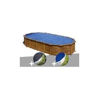 Kit piscine acier aspect bois Gré Pacific ovale 7,44 x 3,99 x 1,22 m + Bâche d'hivernage + Bâche à bulles
