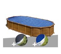 Kit piscine acier aspect bois Gré Pacific ovale 7,44 x 3,99 x 1,22 m + Bâche d'hivernage + Bâche à bulles