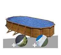 Kit piscine acier aspect bois Gré Pacific ovale 7,44 x 3,99 x 1,22 m + Bâche d'hivernage + Tapis de sol