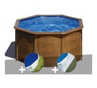 Kit piscine acier aspect bois Gré Pacific ronde 2,60 x 1,22 m + Bâche à bulles + Tapis de sol Bois G