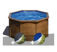 Kit piscine acier aspect bois Gré Pacific ronde 2,60 x 1,22 m + Bâche d'hivernage + Bâche à bulles