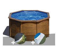 Kit piscine acier aspect bois Gré Pacific ronde 2,60 x 1,22 m + Bâche d'hivernage + Tapis de sol