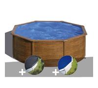 Kit piscine acier aspect bois Gré Pacific ronde 3,70 x 1,22 m + Bâche d'hivernage + Bâche à bulles