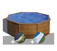Kit piscine acier aspect bois Gré Pacific ronde 3,70 x 1,22 m + Bâche d'hivernage + Tapis de sol