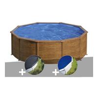 Kit piscine acier aspect bois Gré Pacific ronde 4,80 x 1,22 m + Bâche d'hivernage + Bâche à bulles
