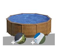 Kit piscine acier aspect bois Gré Pacific ronde 4,80 x 1,22 m + Bâche d'hivernage + Tapis de sol