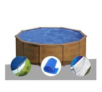 Kit piscine acier aspect bois Gré Sicilia ronde 3,20 x 1,22 m + Bâche hiver + Bâche à bulles + Tapis de sol